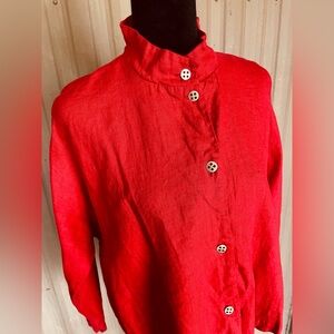 Itemz Chris Baumgartner 100% Linen Top Lagenlook Red Crop Dolman Slv USA OS FLAW